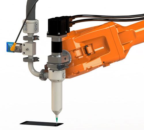 A ViscoTec metal-free dispenser mounted on a 6-axis robot arm dispenses adhesive – metal-free in the area in contact with the product.